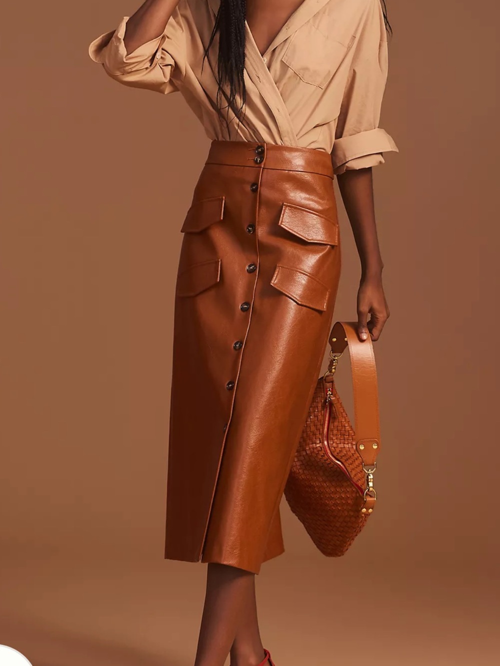 Anthropologie Cognac Button-Front Faux Leather Midi Skirt